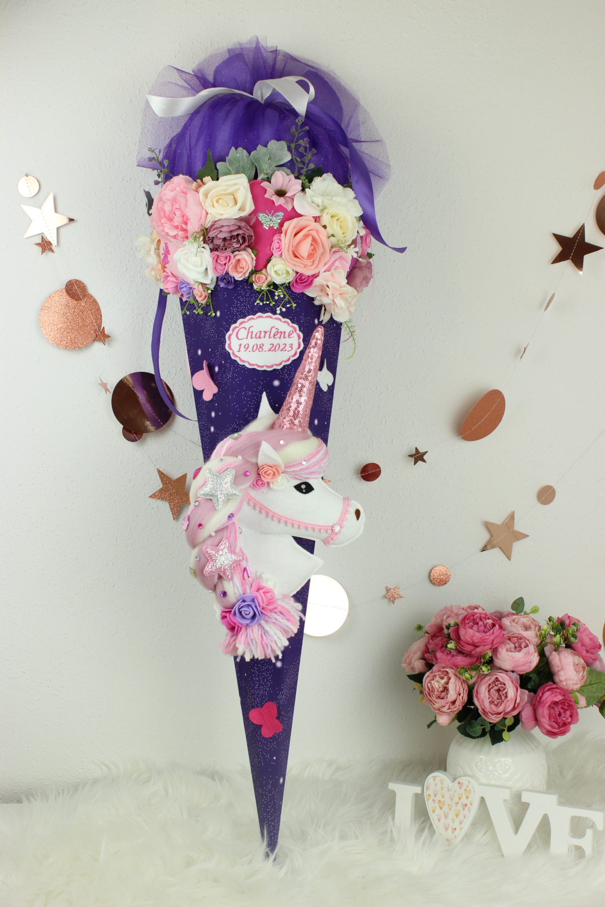 3D-Design Schultüte Zuckertüte Pferd Einhorn Unicorn Einschulung Unikat Glitzer Flosse
